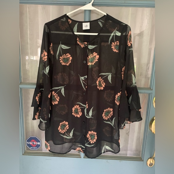 CAbi Black Sheer Blouse with Floral Accents - Picture 3 of 9
